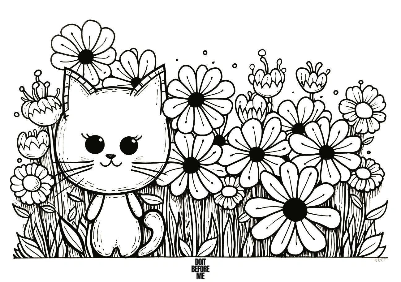 Cute spring-themed coloring page featuring a kawaii cat strolling in a beautiful daisy field. Ideal for both kids and adults.