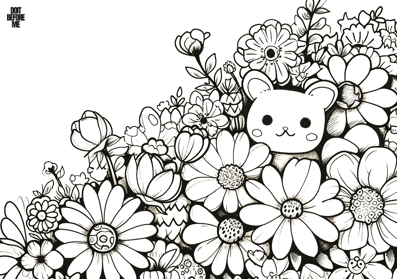 Coloring page featuring adorable kawaii flowers, including daisies, roses, lilies, and tulips covering half the screen. A cute kawaii baby bear is nestled among the flowers. The other half of the sheet has a white and empty background.