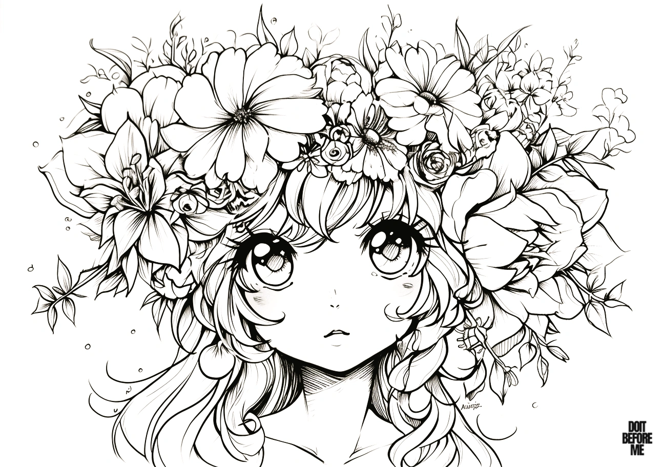 Kawaii flower girl coloring page, wearing a crown full of cute flowers, looking kawaii and sincere with her big anime eyes, her hair full of flowers, it is more suitable for adults as it is a detailed coloring page.