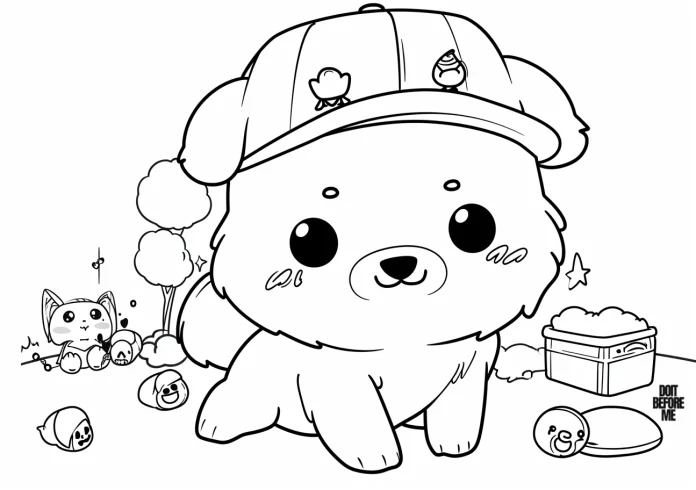 Cute kawaii dog coloring page with adorable hat, featuring an easy and simple design perfect for kids.