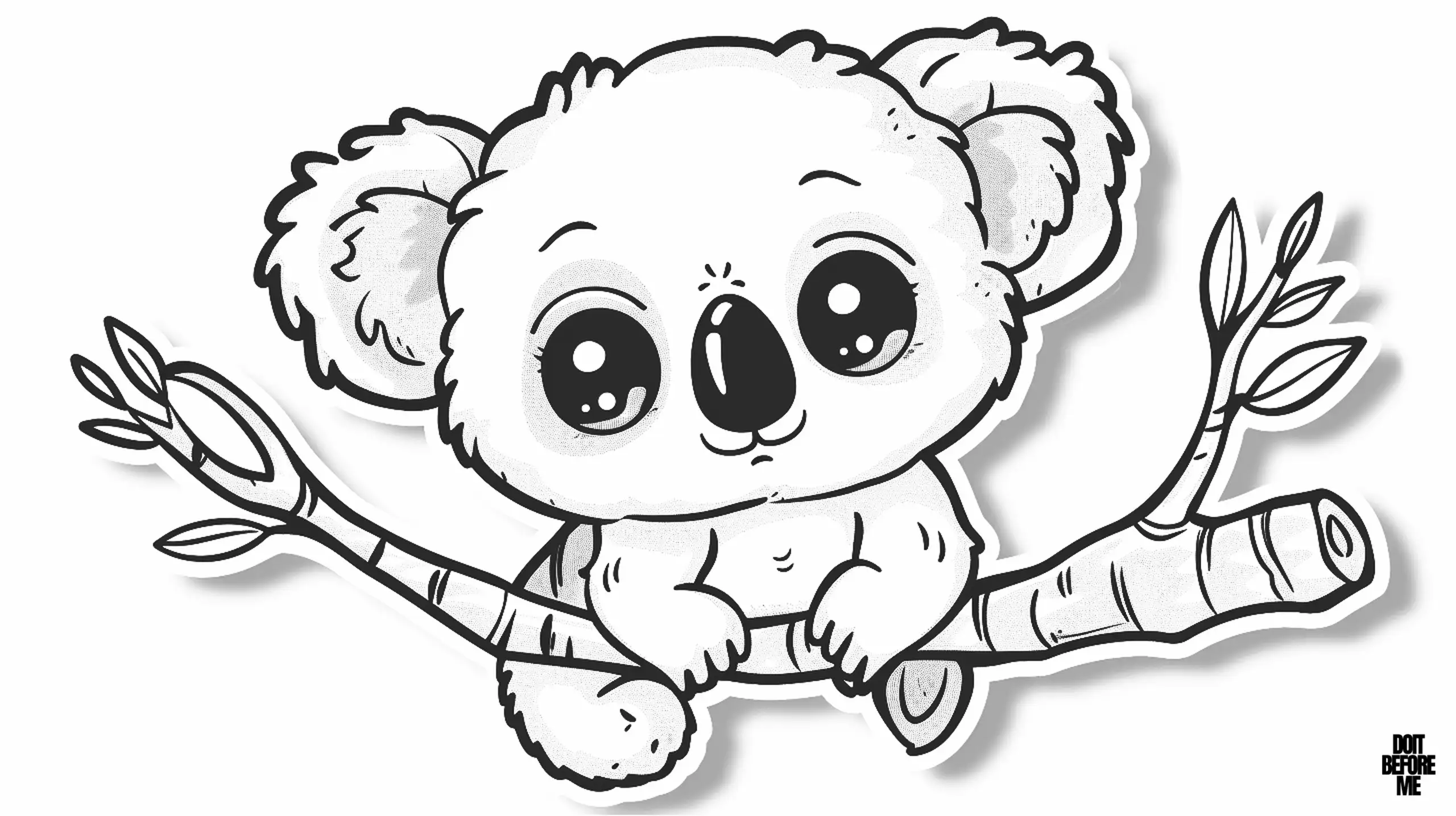 The coloring page of a baby koala holding on to the branch of the tree and looking cute with its big eyes is designed with simple lines so that children can easily color it.