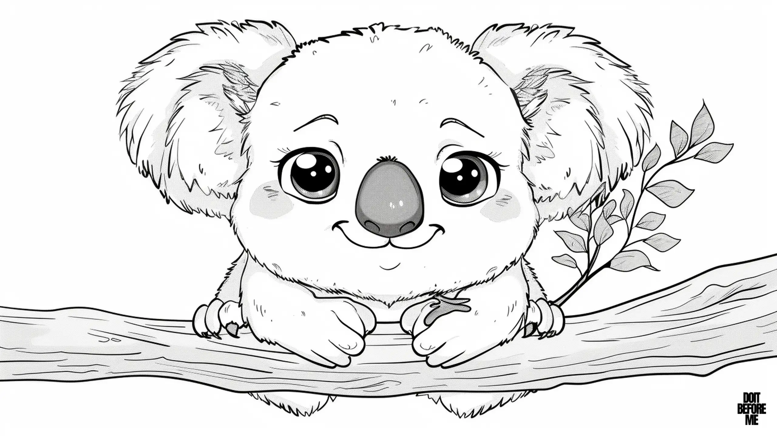 Coloring page featuring a cute koala with a round face, large expressive eyes, a round nose, and a gentle smile. Its fur is detailed with fine lines, making it look fluffy and soft. The koala is depicted holding onto a horizontal branch with both hands, giving it a playful and cute appearance. A small leafy twig beside the koala adds a touch of nature to the scene.