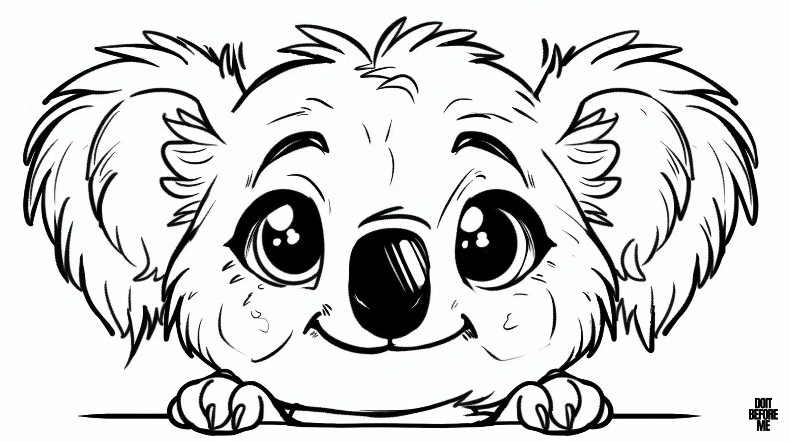 Printable koala coloring page which is depicted in a close-up view, emphasizing its large, expressive eyes and round shiny nose. It has a happy expression with a small, friendly smile. Its ears are prominently shown, with detailed fur lines making them look soft and fluffy. The koala's front paws are visible.