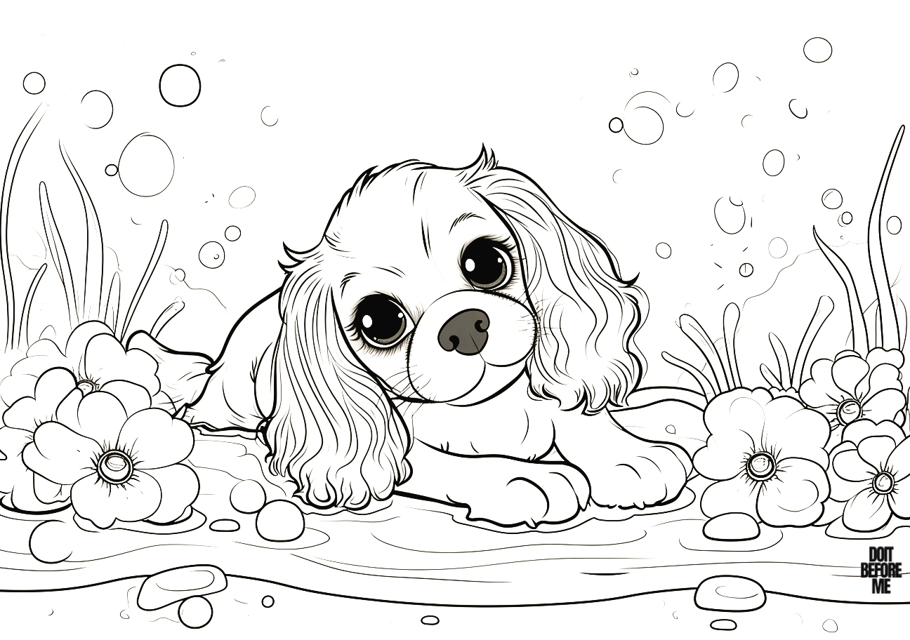 Cute printable coloring page featuring a baby Cavalier King Charles Spaniel puppy, few flowers in the background.