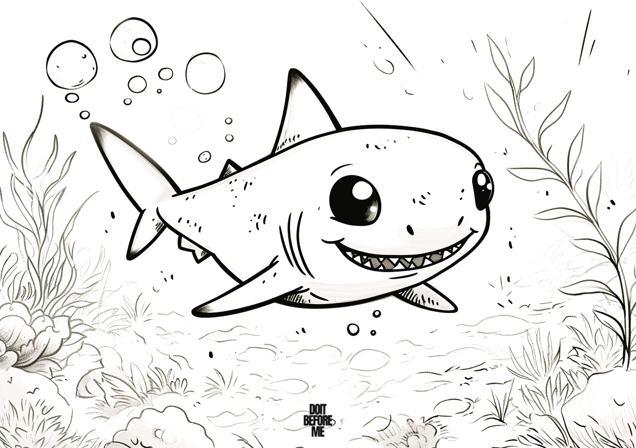 Adorable baby shark coloring page with a charming underwater scene, available in a free printable format.