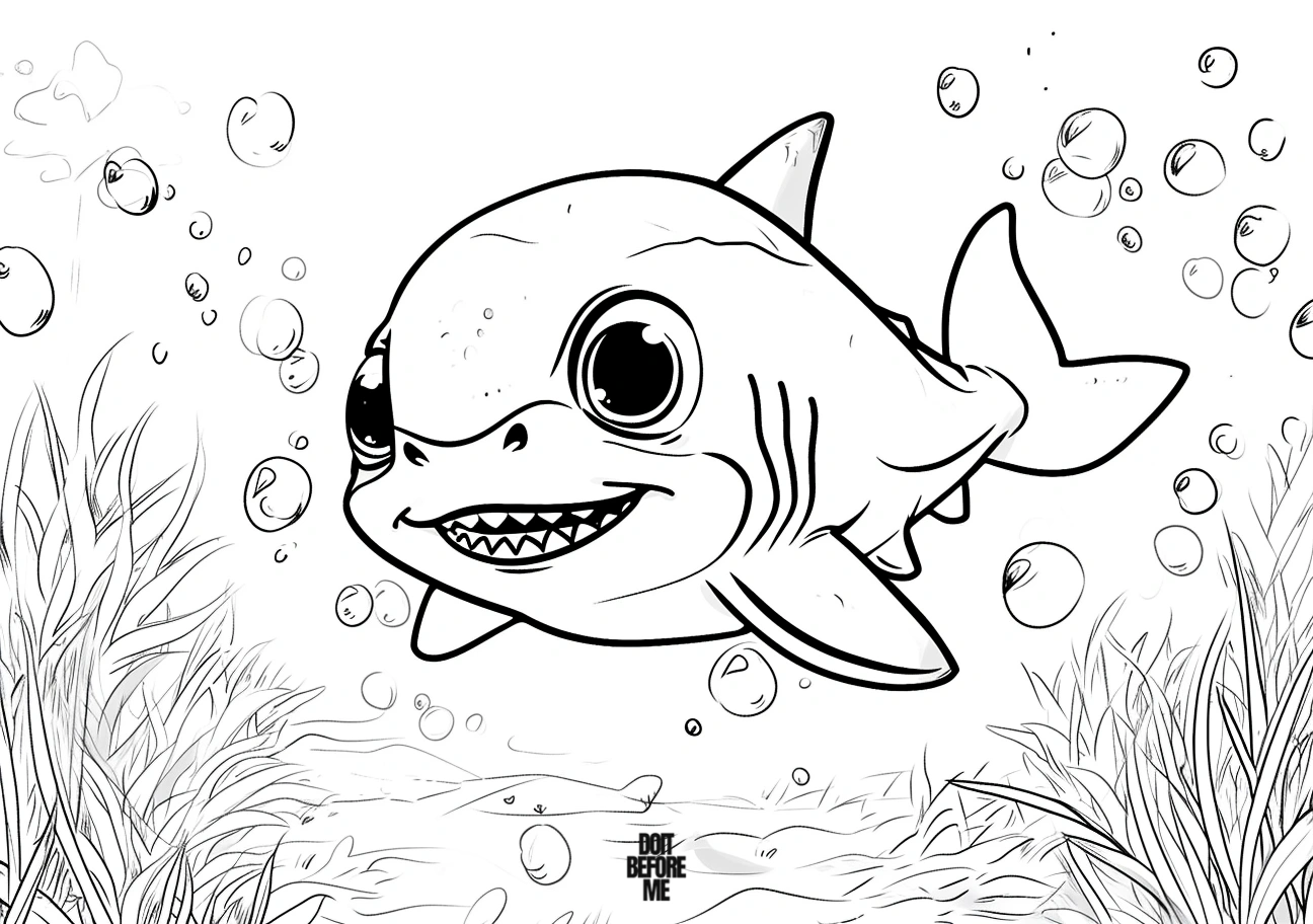 Coloring page illustrating a small baby cute shark in an underwater scene.