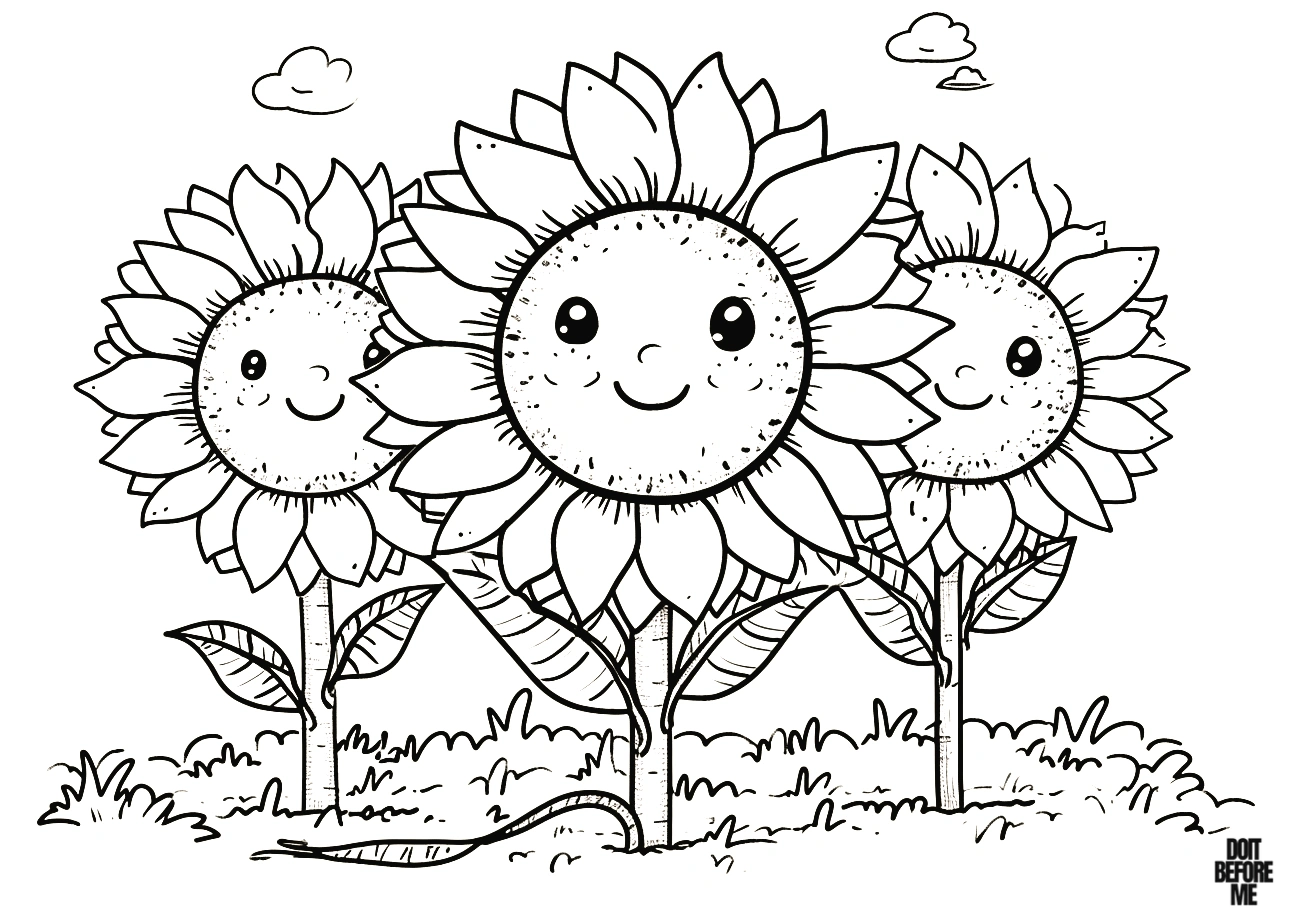 Three sunflowers with adorable smiling happy faces, featuring kawaii and cute flower designs on a printable sheet, set against a vibrant field backdrop.