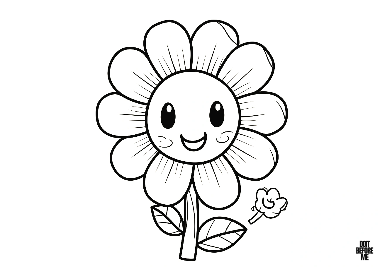 Coloring page for preschoolers and toddlers with a beautiful, cute, and easy-to-color flower design. The page features a smiling kawaii face on a plain background, perfect for kids.