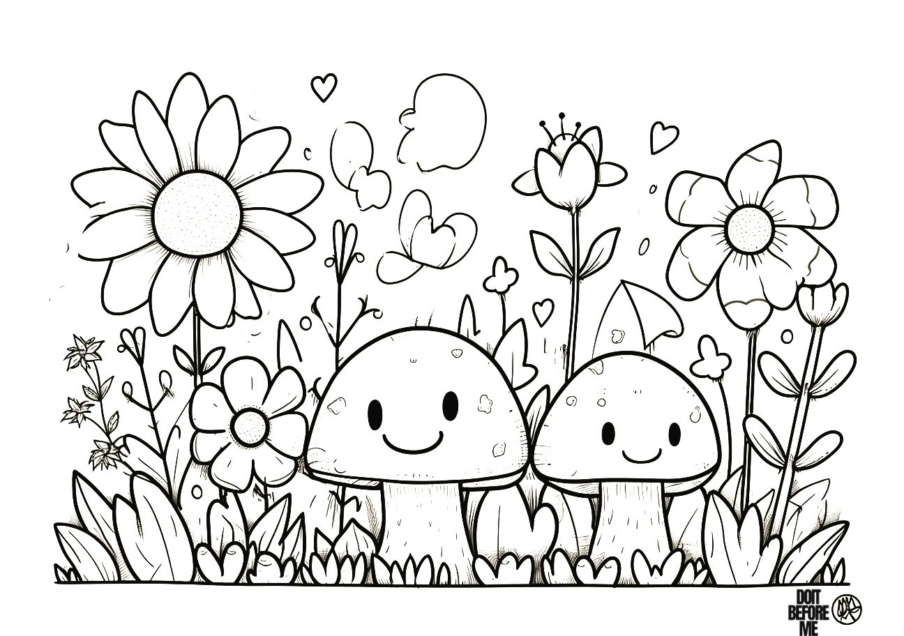 Two cute smiling mushrooms surrounded by various flowers, featured in a printable coloring page for adults with detailed and beautiful design.