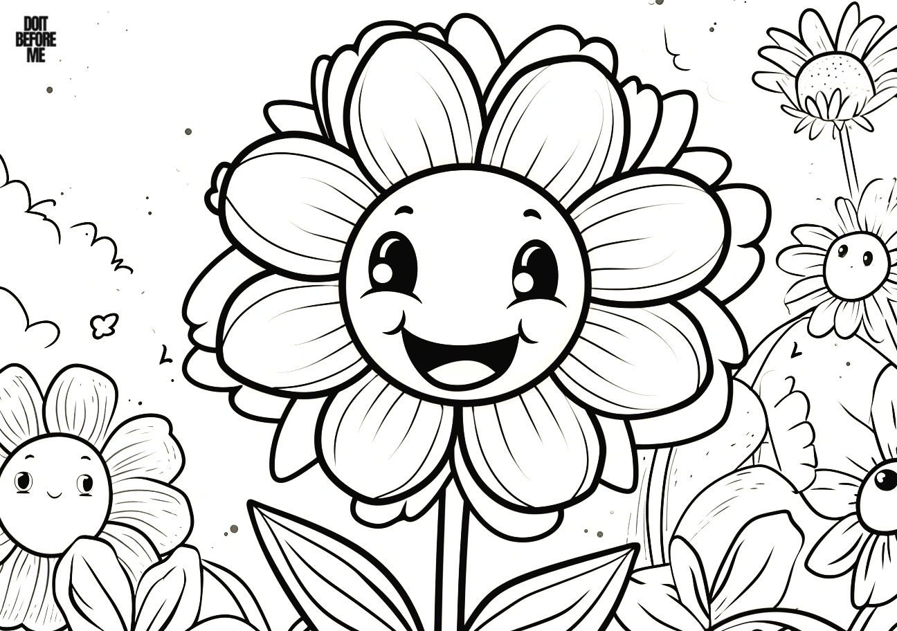 Coloring page featuring a joyful and cute kawaii sunflower, designed for kids. The image depicts a happy flower.