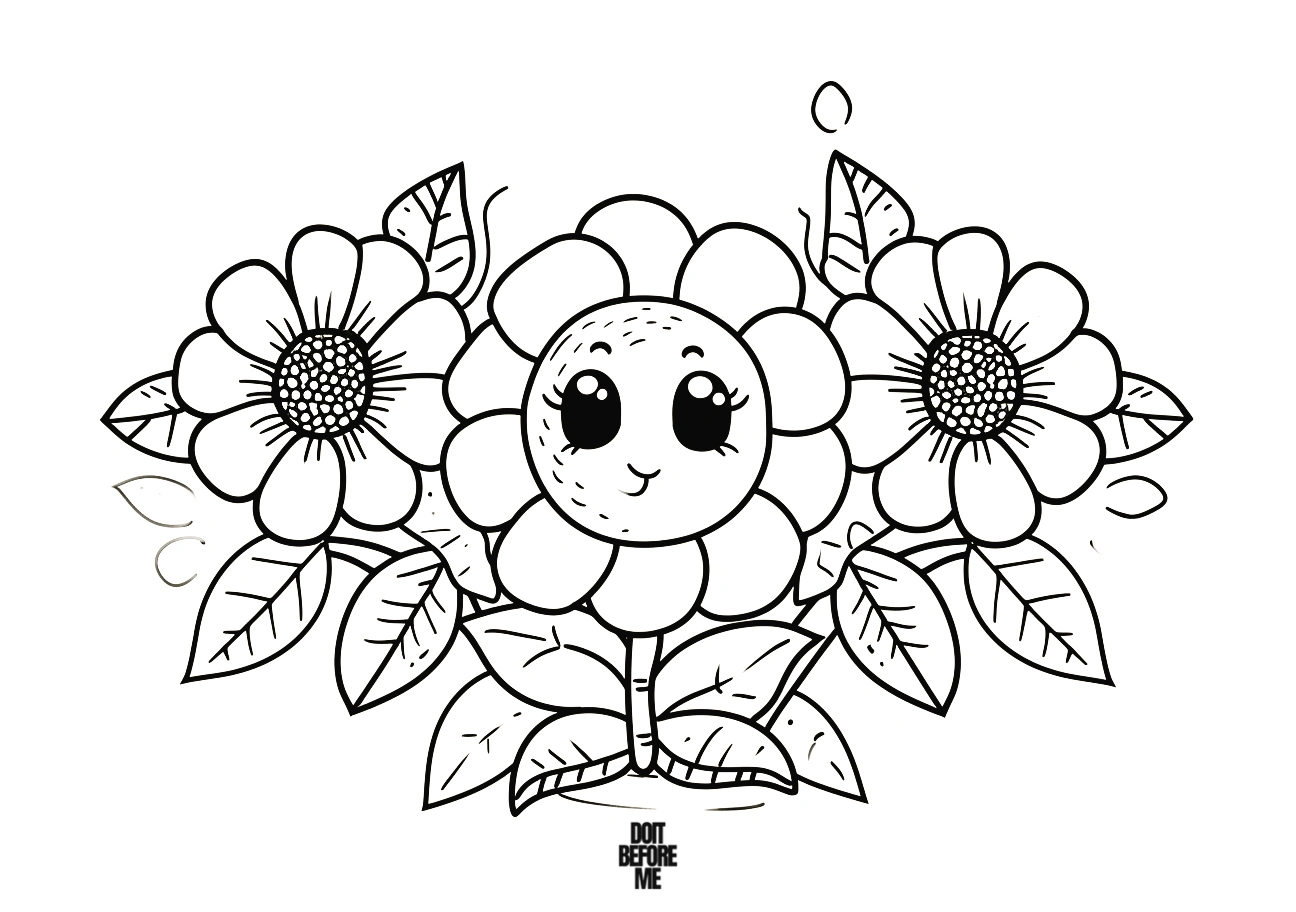 Coloring page featuring cute and kawaii-style sunflowers for kindergarten, with three adorable sunflower illustrations on a clear white background.