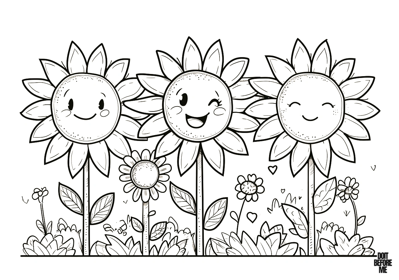 Cute coloring page featuring three sunflowers. The first sunflower is joyfully smiling, the second is blinking, and the third one has closed its eyes, radiating happiness.