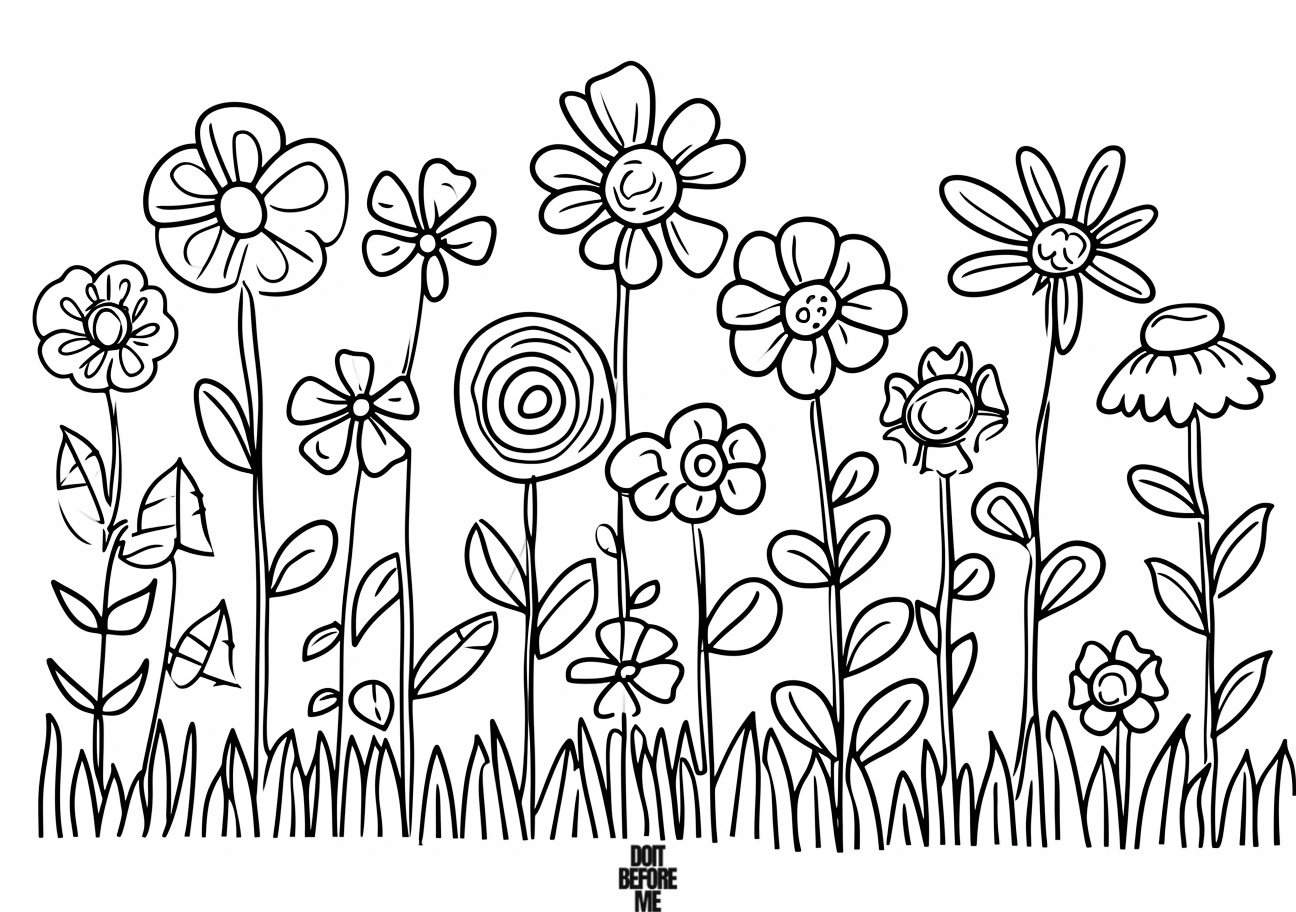 Coloring sheet featuring a cartoon-style assortment of simple and various flowers.