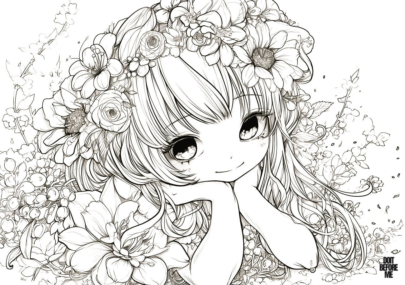 Cute girl coloring design wearing a crown filled with flowers, resting her hands on her head, gazing with big anime eyes, emphasized on the flowers on her head.