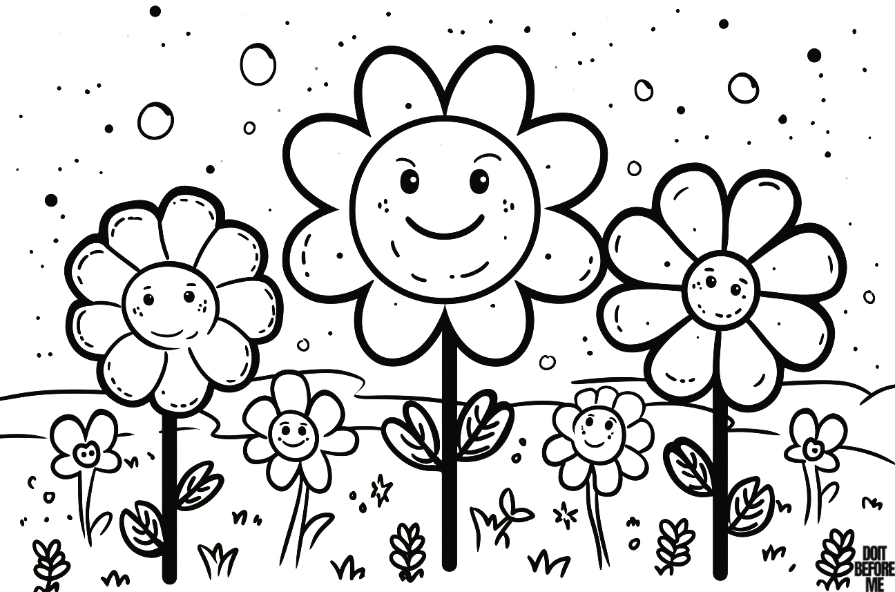 Free printable coloring page for preschool featuring a printable, cute, and easy flower design with a joyful background.