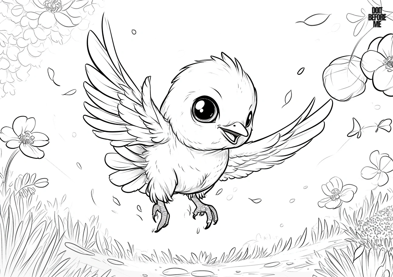 Cute baby bird with large expressive eyes soaring in flight - coloring page featuring kawaii design.