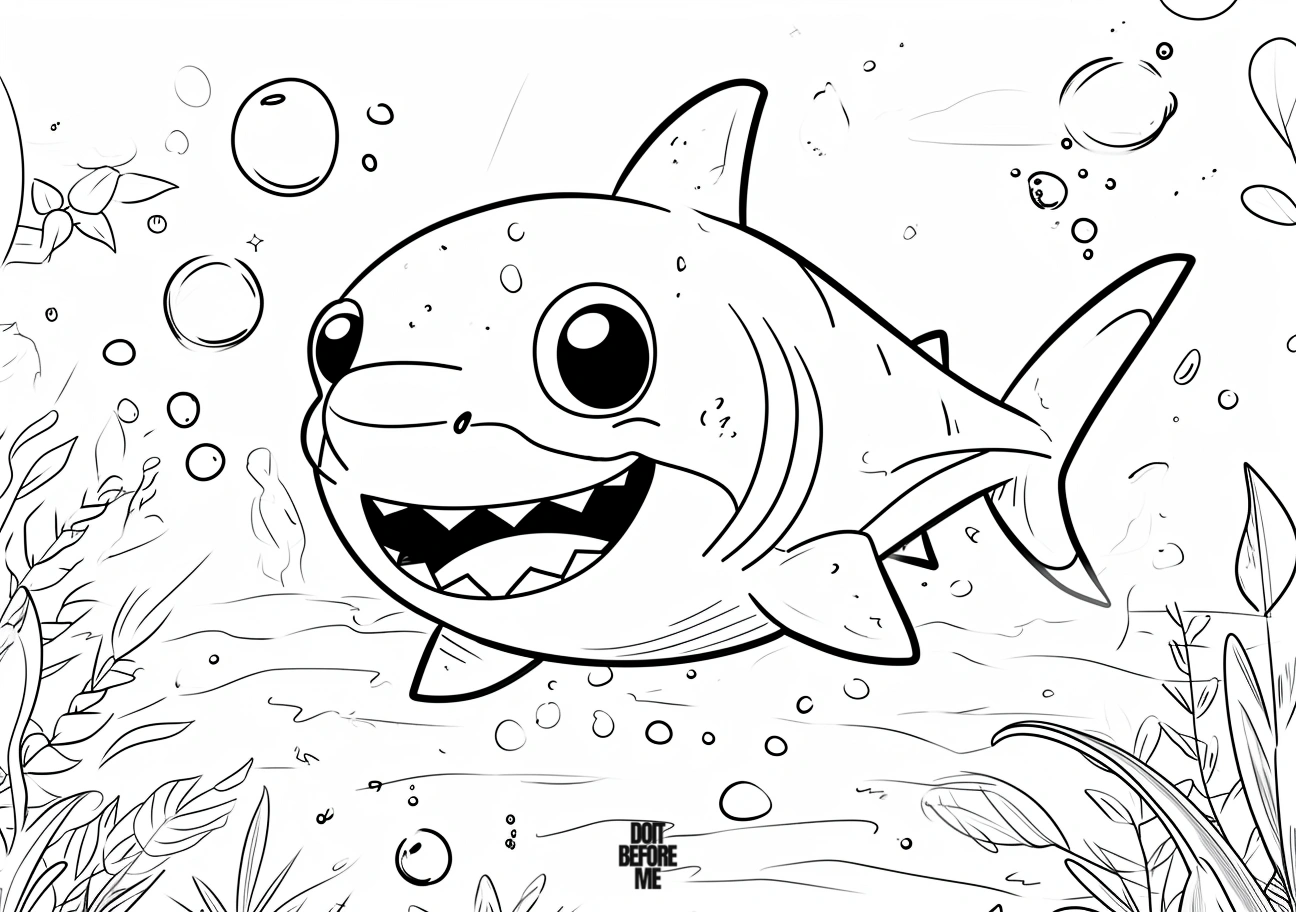 A kawaii coloring page featuring a baby shark with an ocean background.