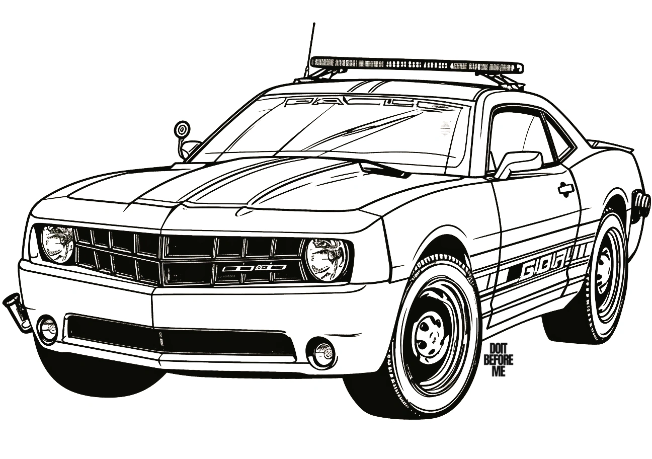 Free printable coloring picture featuring a classic and cool police car on a blank white background