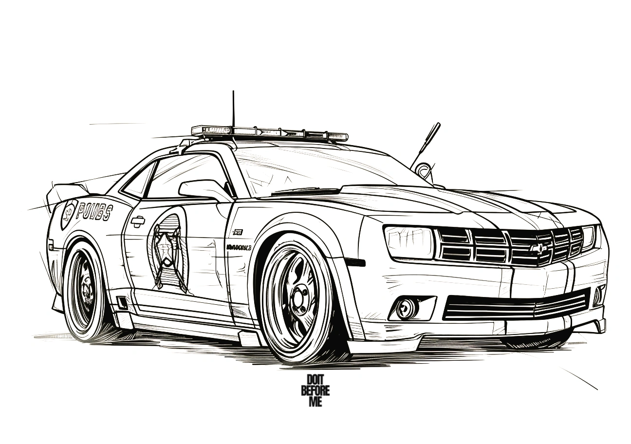 Free printable classic police car coloring sheet: A side view resembling a race car.