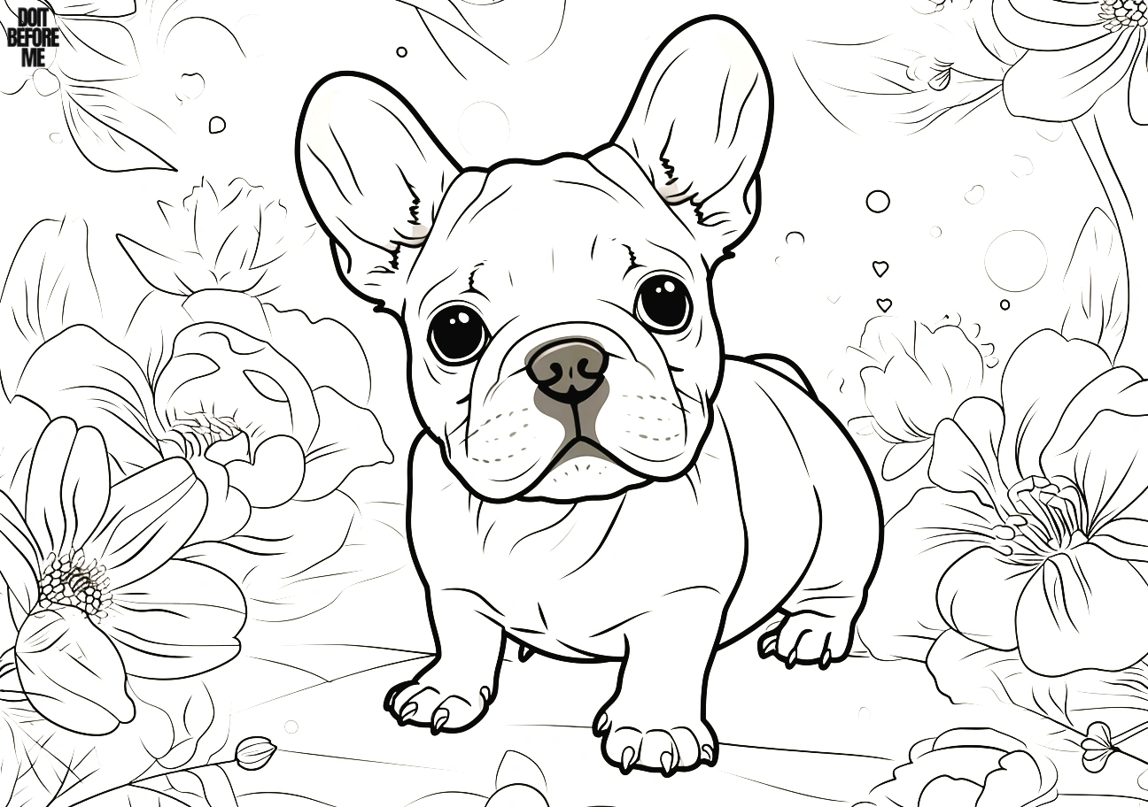 A cute free printable coloring page featuring a charming French Bulldog surrounded by flowers, perfect for adult coloring.