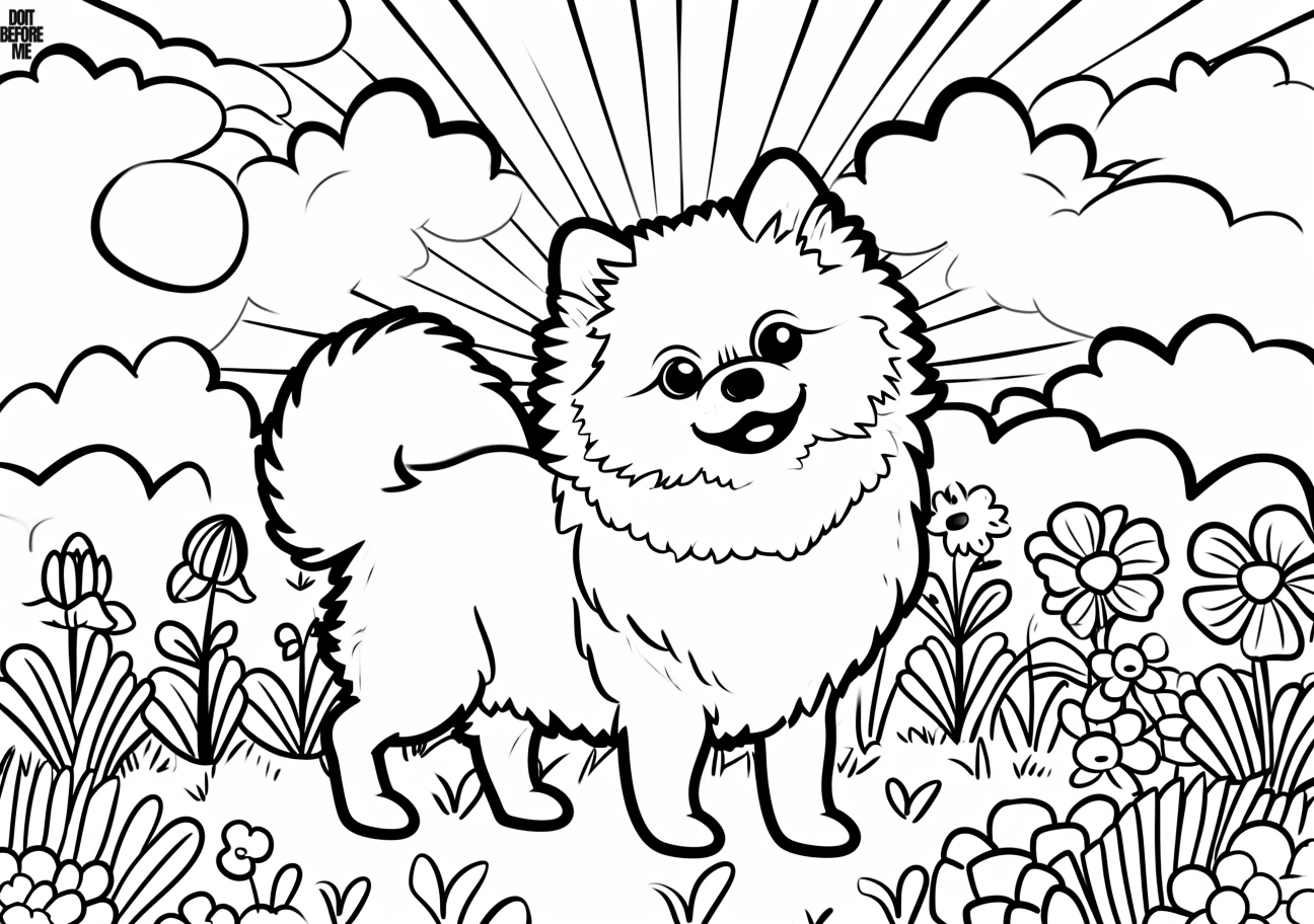 A delightful free printable Pomeranian coloring page featuring a charming scene with fluffy clouds, a shining sun, a vibrant sky, and blooming flowers.