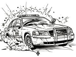 Free printable realistic police car coloring pages featuring an explosive scene behind the police car.