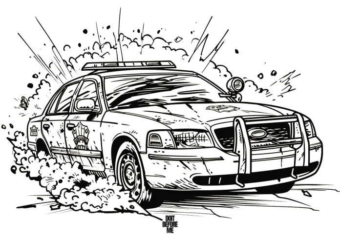 Free printable realistic police car coloring pages featuring an explosive scene behind the police car.