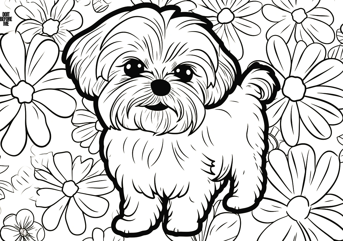 Image of free printable Shih Tzu coloring page, featuring adorable Shih Tzu dog illustration for coloring, surrounded by vibrant flowers on the background.