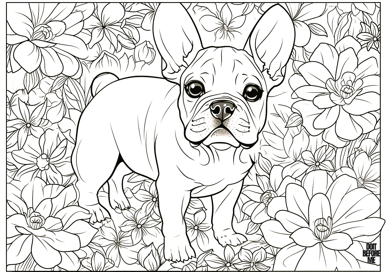 Cute French Bulldog puppy coloring picture surrounded by vibrant flowers on the background, free printable.