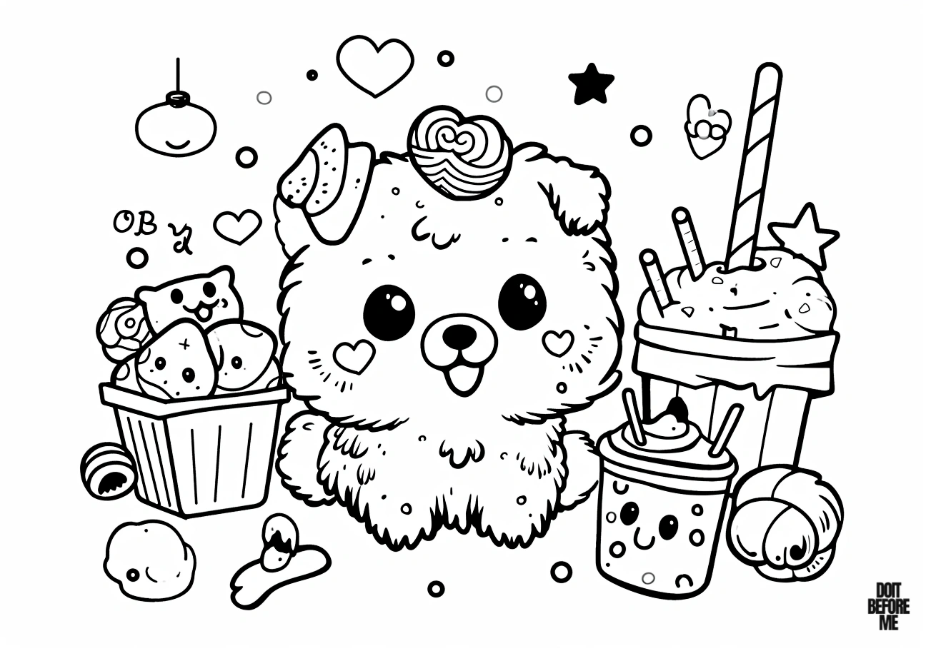 Printable coloring image featuring a cute kawaii illustration of a baby puppy surrounded by milkshakes, ice creams, hearts, stars, and other cute objects.