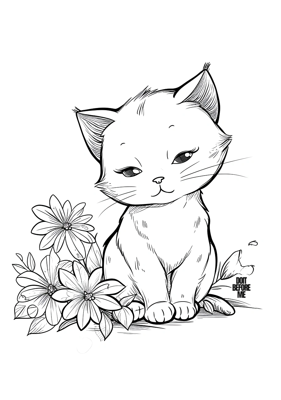 sleepy kawaii cat coloring pages printable free with flowers