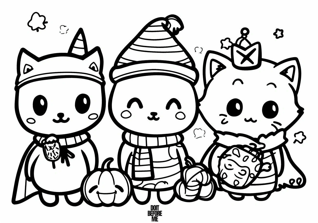 Three adorable cats wearing costumes, featuring kawaii cute animals coloring pages. One cat is dressed in a cloak resembling Superman, while another is adorned as a king.