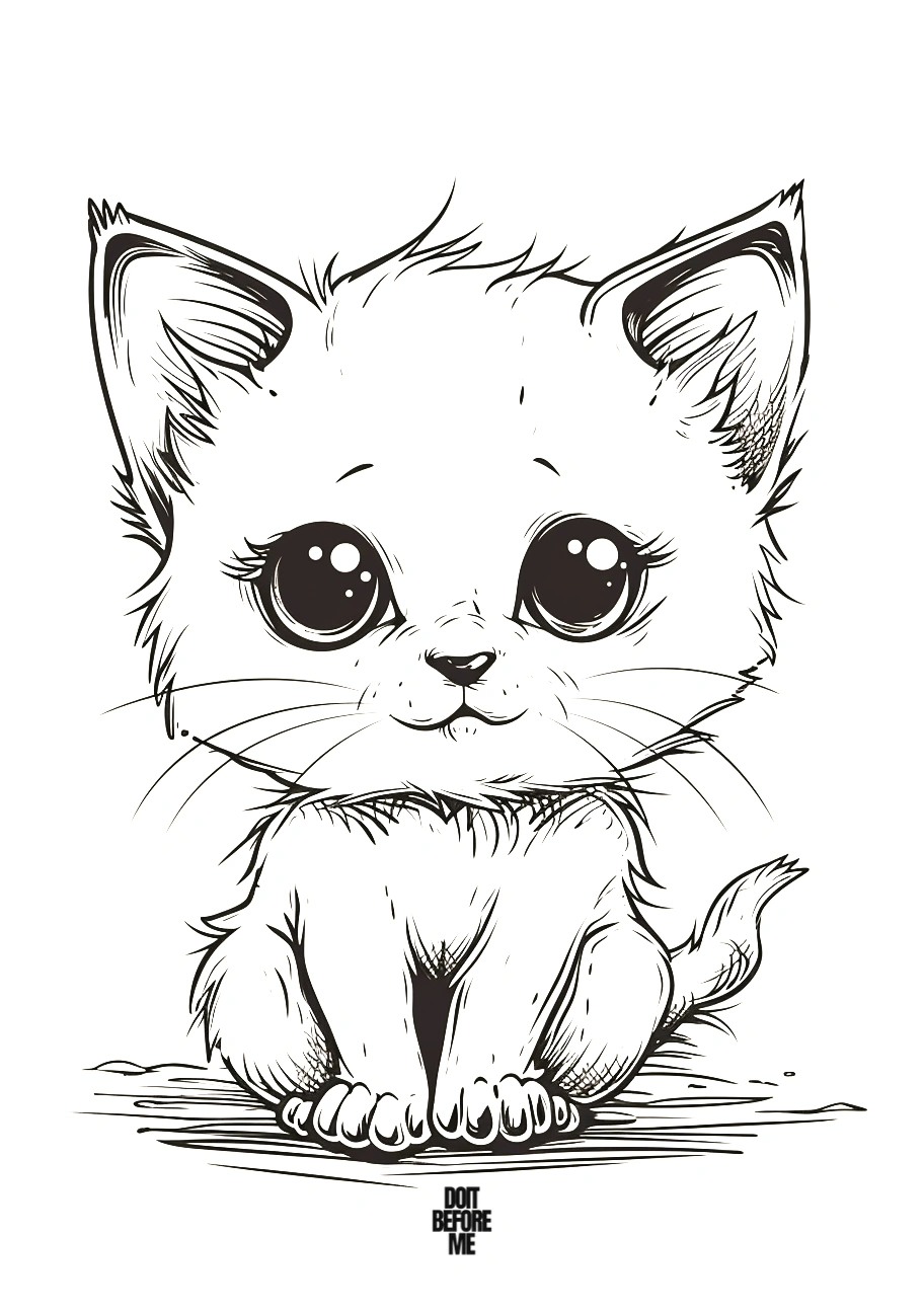 kawaii cat coloring pages with huge cute eyes, easy to color lines