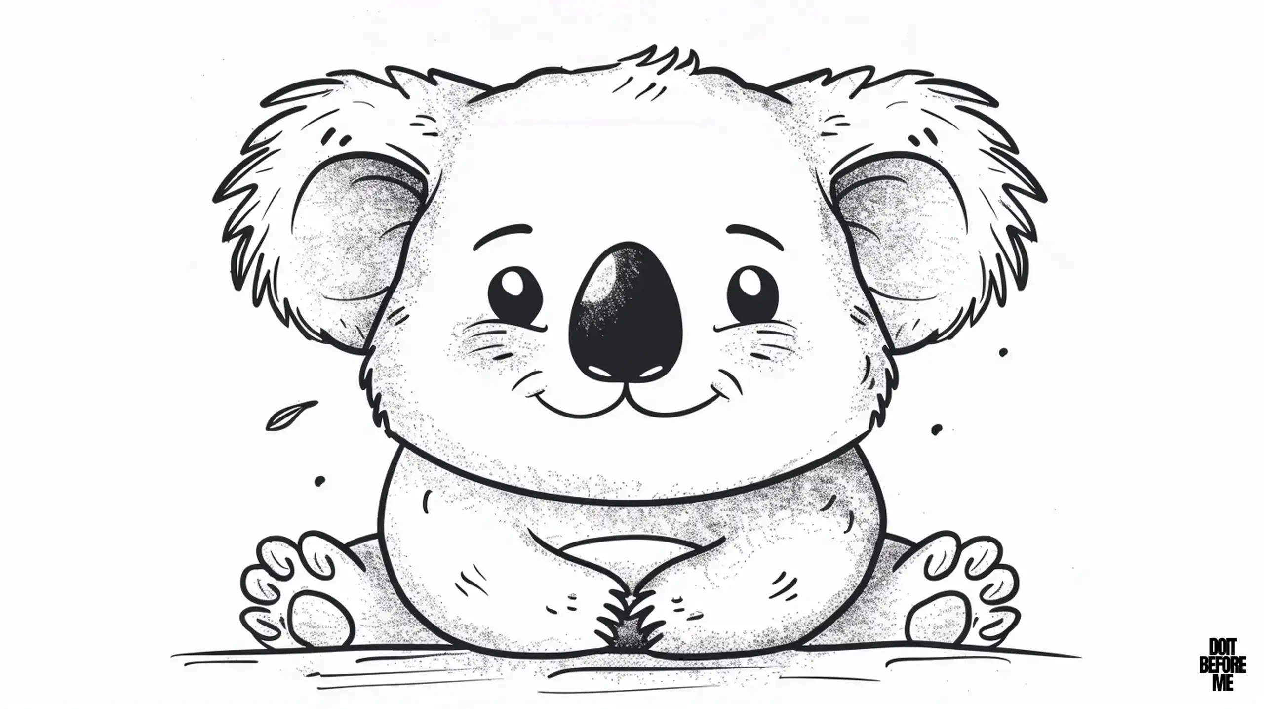 A printable coloring page featuring a cute baby koala sitting with folded hands on its stomach, perfect for children to color. The design is simple and easy to follow for kids.