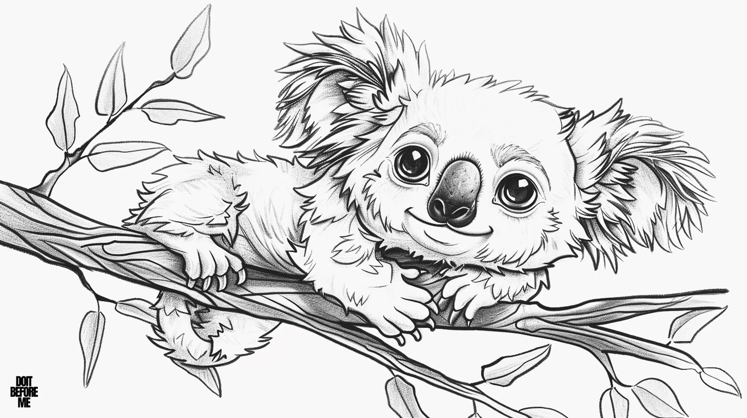 Coloring page of a realistic koala lying on a tree branch, the entire body of the koala appears in detail on the coloring page. The koala smiles slightly.