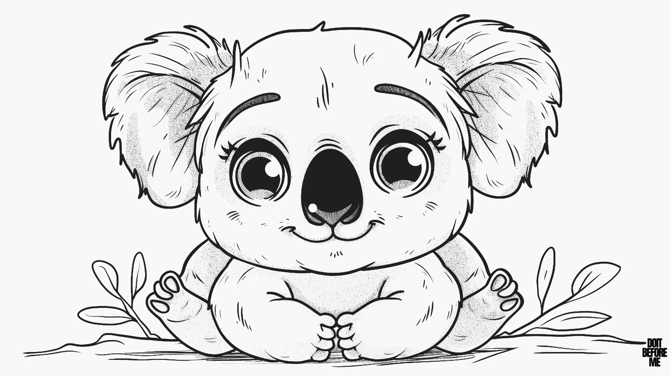 This charming coloring sheet designed for kids features a cute koala with big, expressive eyes and a gentle smile, resting comfortably on the ground with its tiny hands clasped together.