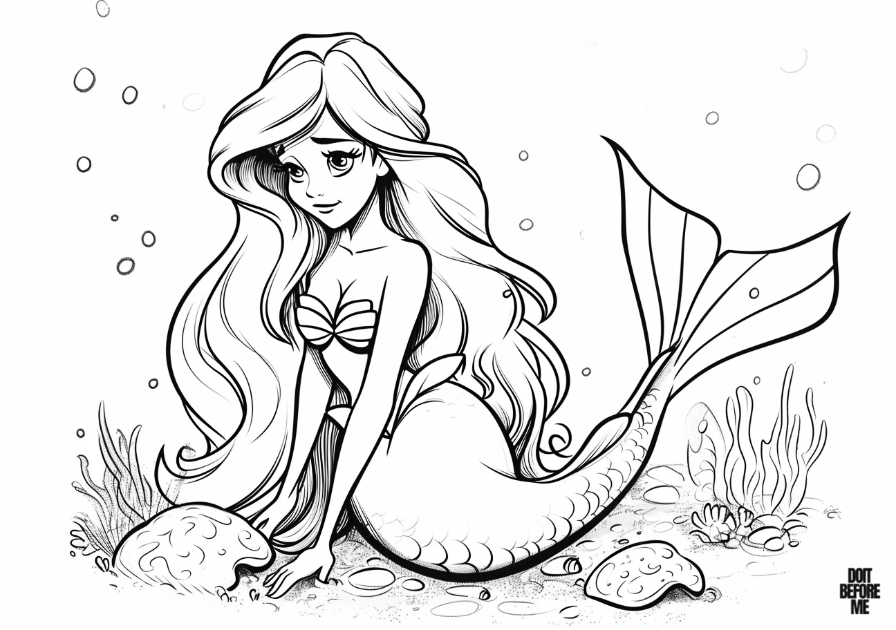 Coloring page featuring a mermaid seated on the ocean floor, inspired by scenes from 'The Little Mermaid' movie.