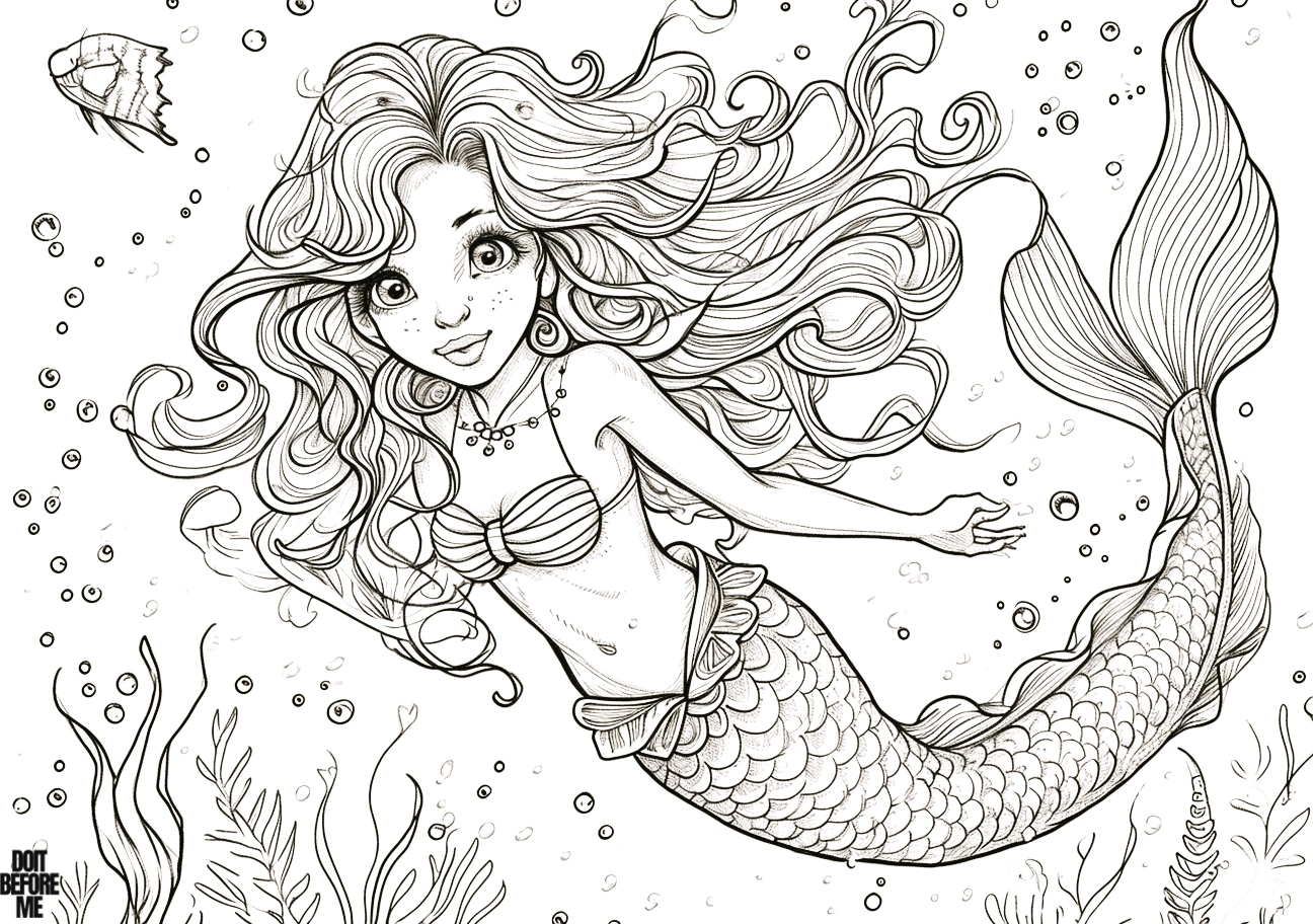 Coloring page featuring an intricate illustration of a beautiful mermaid surrounded by coral, sea grasses, and bubbles, with an ambiguous fish in the corner.