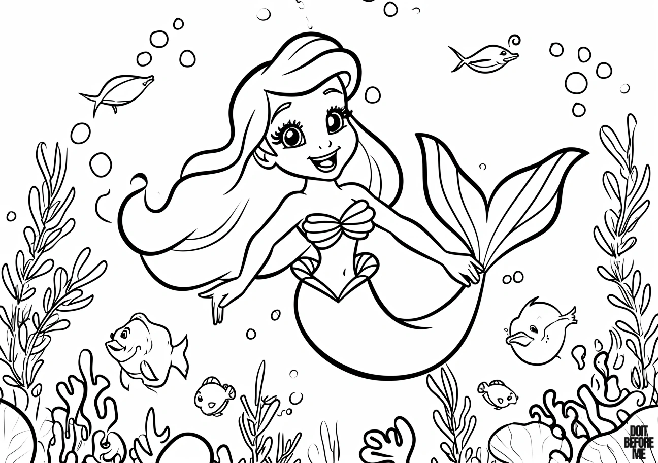 Coloring sheet for preschool with simple underwater scene featuring mermaid, little fishes, coral, and bubbles. Easy-to-color design with clear lines.