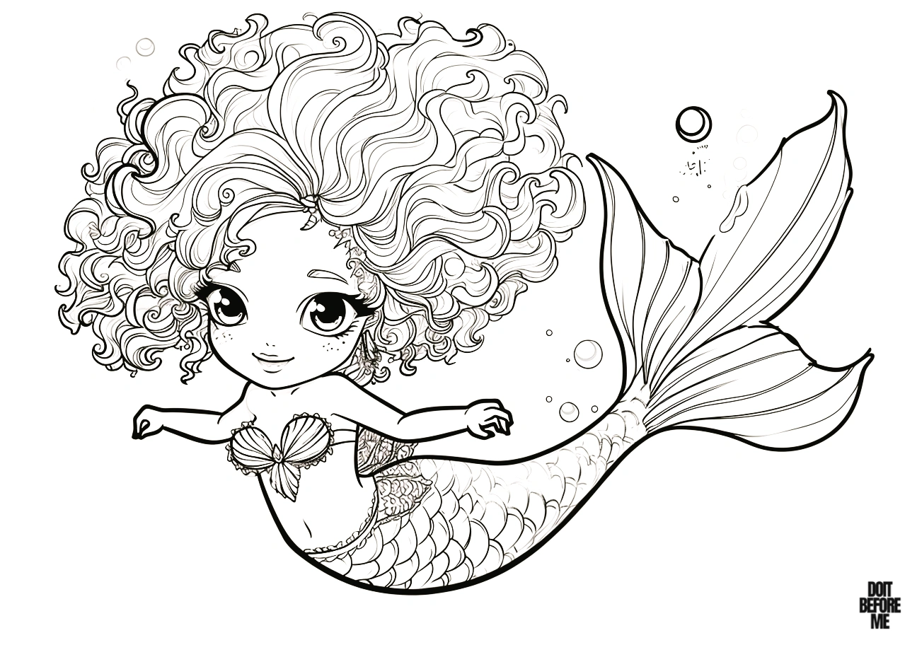 Illustration of a new Little Mermaid coloring page featuring a black mermaid with natural hair in a kawaii cute chibi style.