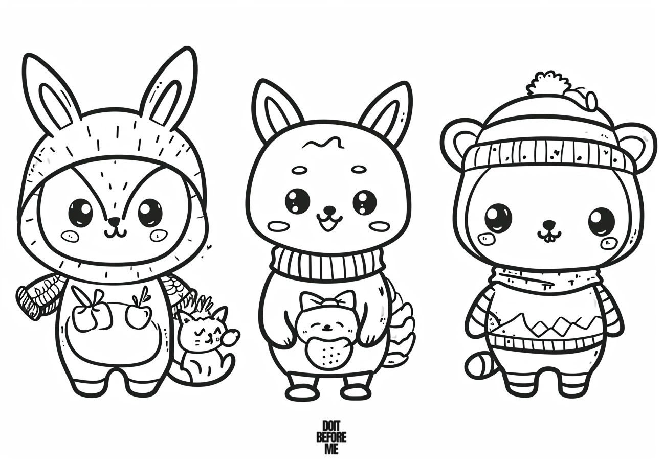 Adorable image featuring cute animals donning charming kawaii costumes, perfect for kids, easy coloring pages.