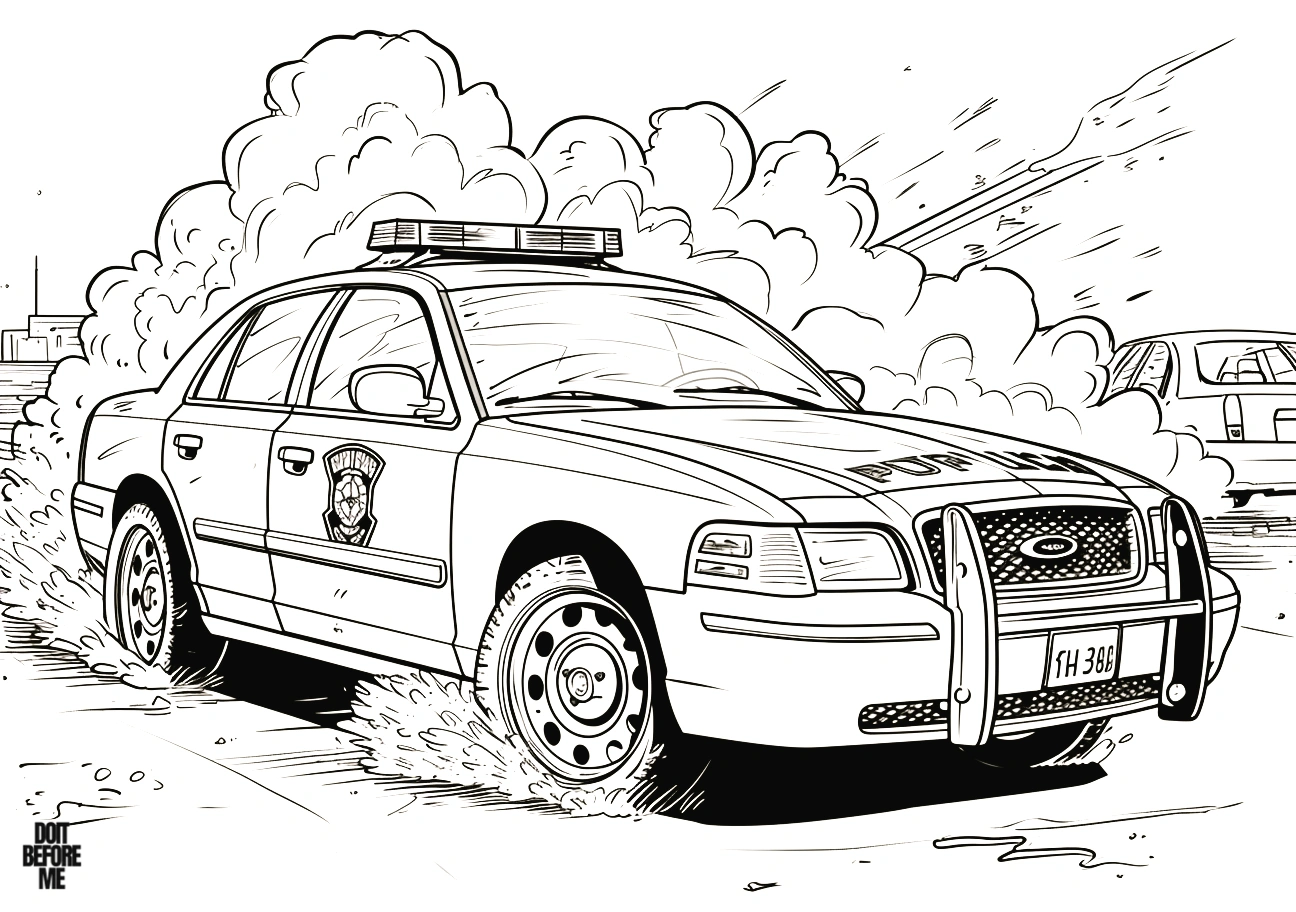 Police car coloring book with explosion in the background