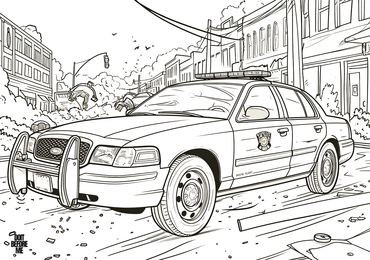 A classic model police car patrolling the city streets coloring page