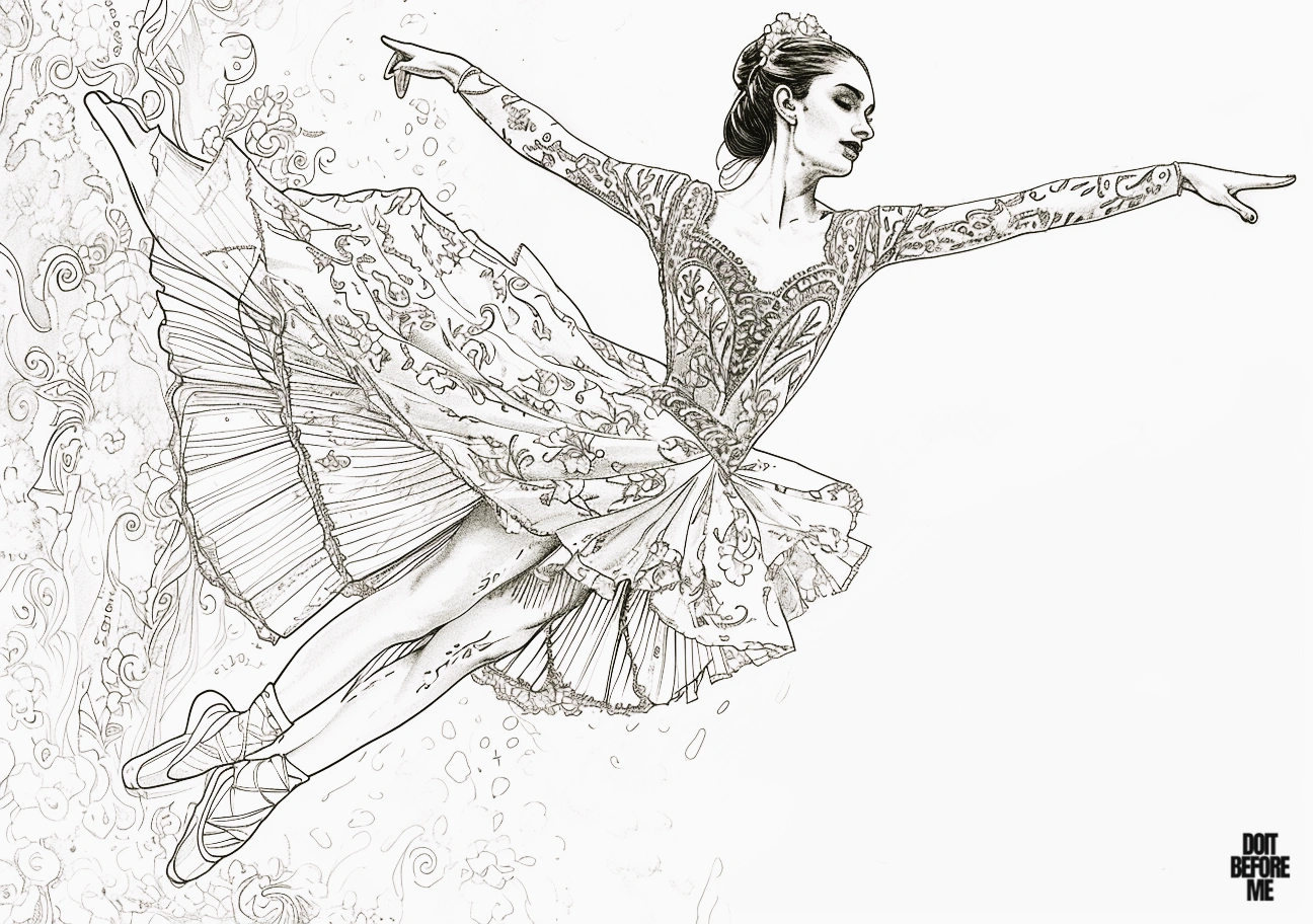 Intricate coloring page featuring a lifelike and detailed illustration of a princess ballerina, designed for adult coloring enthusiasts.