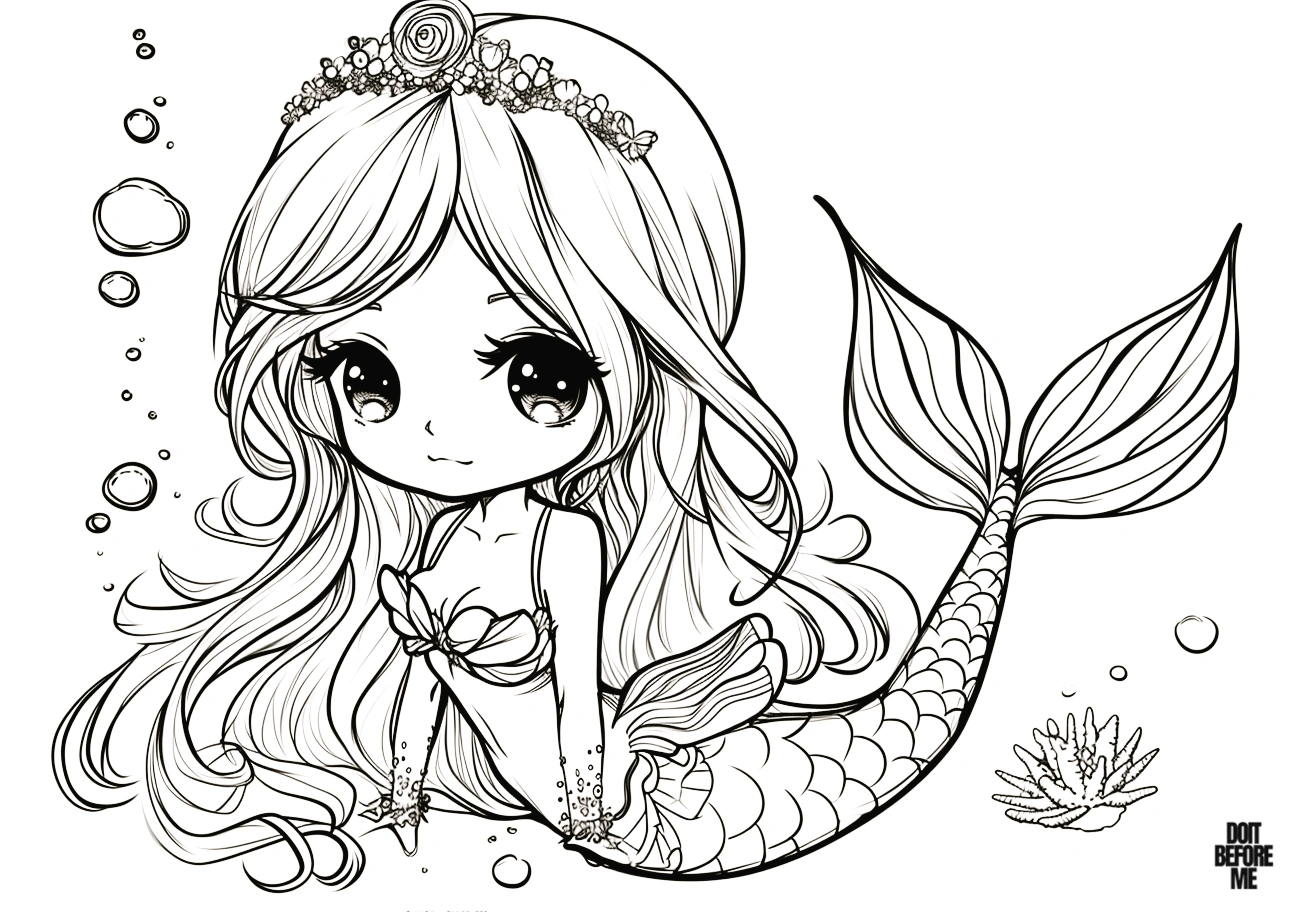 Cute princess mermaid coloring page in kawaii style, featuring a charming mermaid with huge anime eyes, wearing a princess crown. The illustration is set against a clear blank white background with only some bubbles.