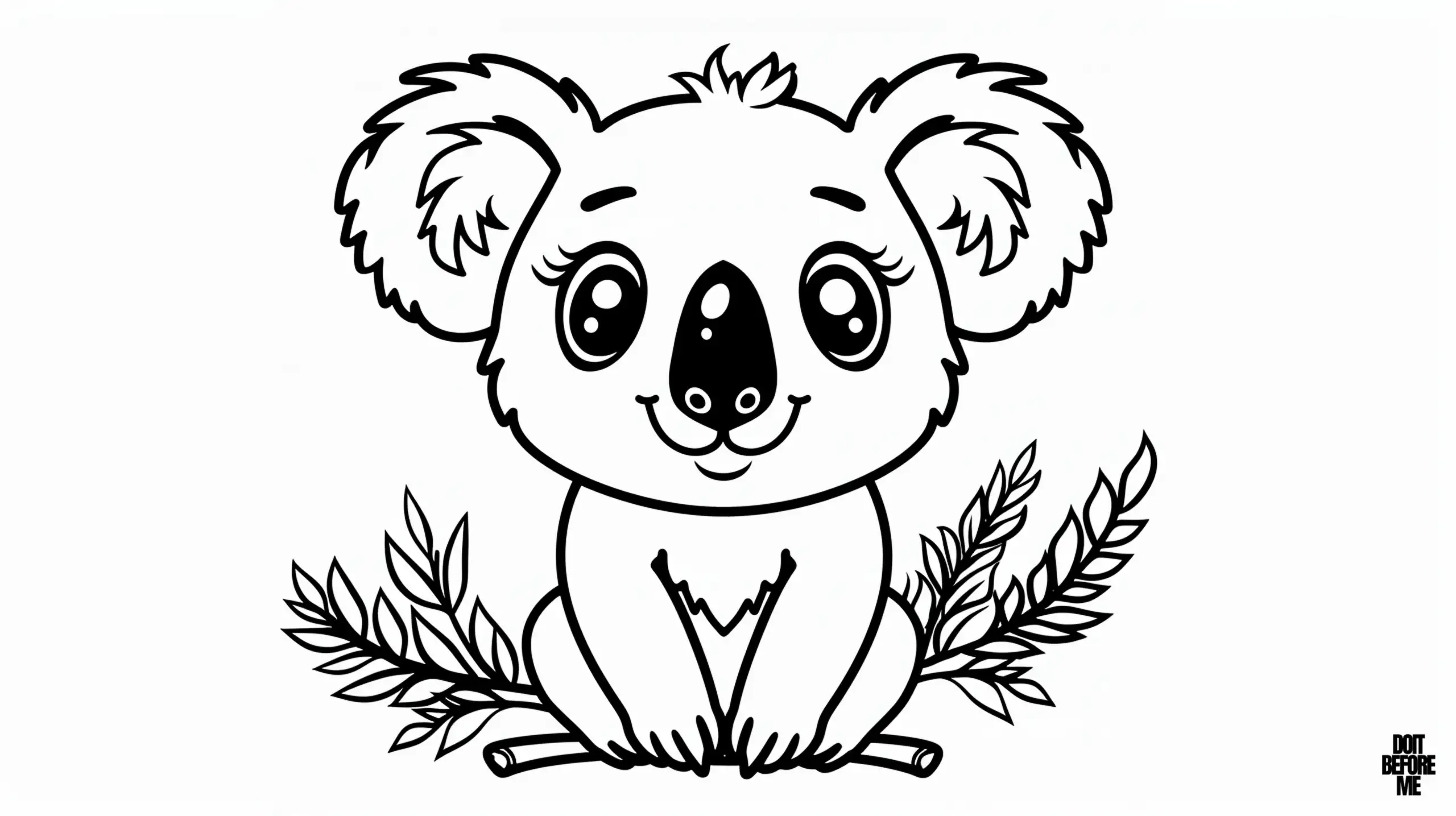 This adorable koala coloring page features a cute, wide-eyed koala sitting happily among leafy branches designed for kids to enjoy coloring due to its sweet expression and simple design.