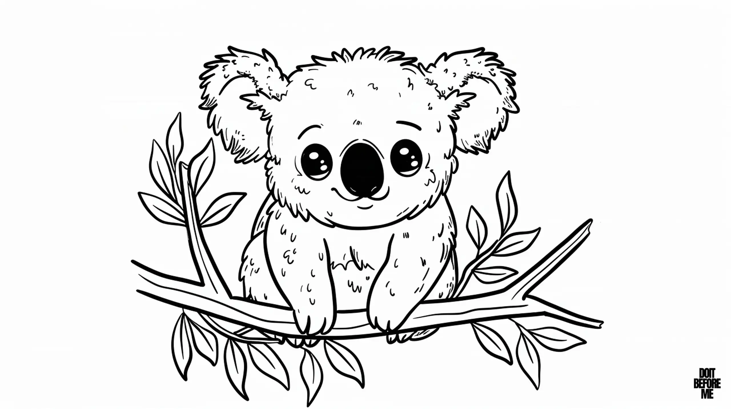 Printable coloring page featuring a baby koala standing on a tree branch in its natural habitat, surrounded by tree branches and leaves.