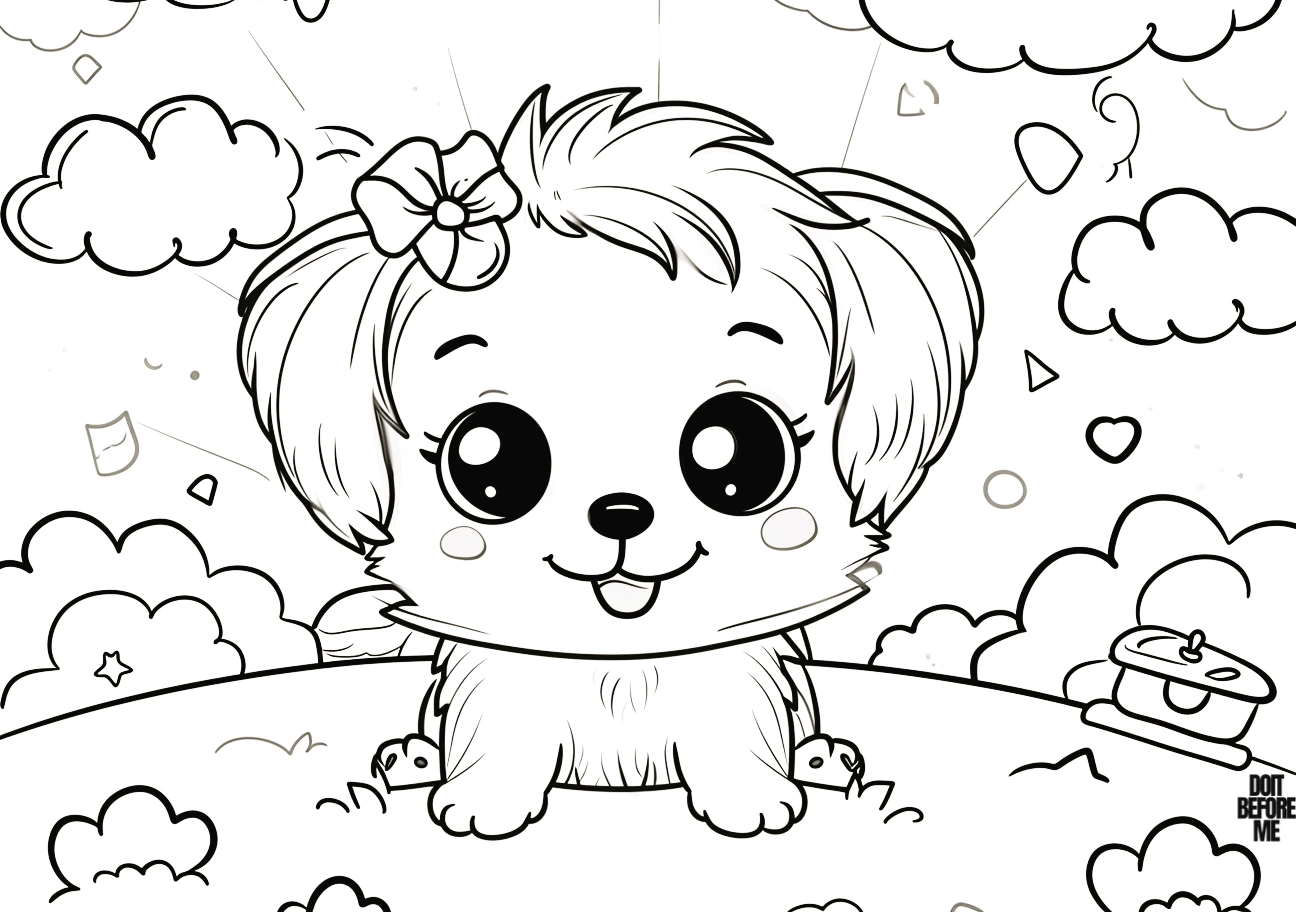 Cute female puppy with a flower on her head, set against a backdrop of fluffy clouds and a charming natural scene.