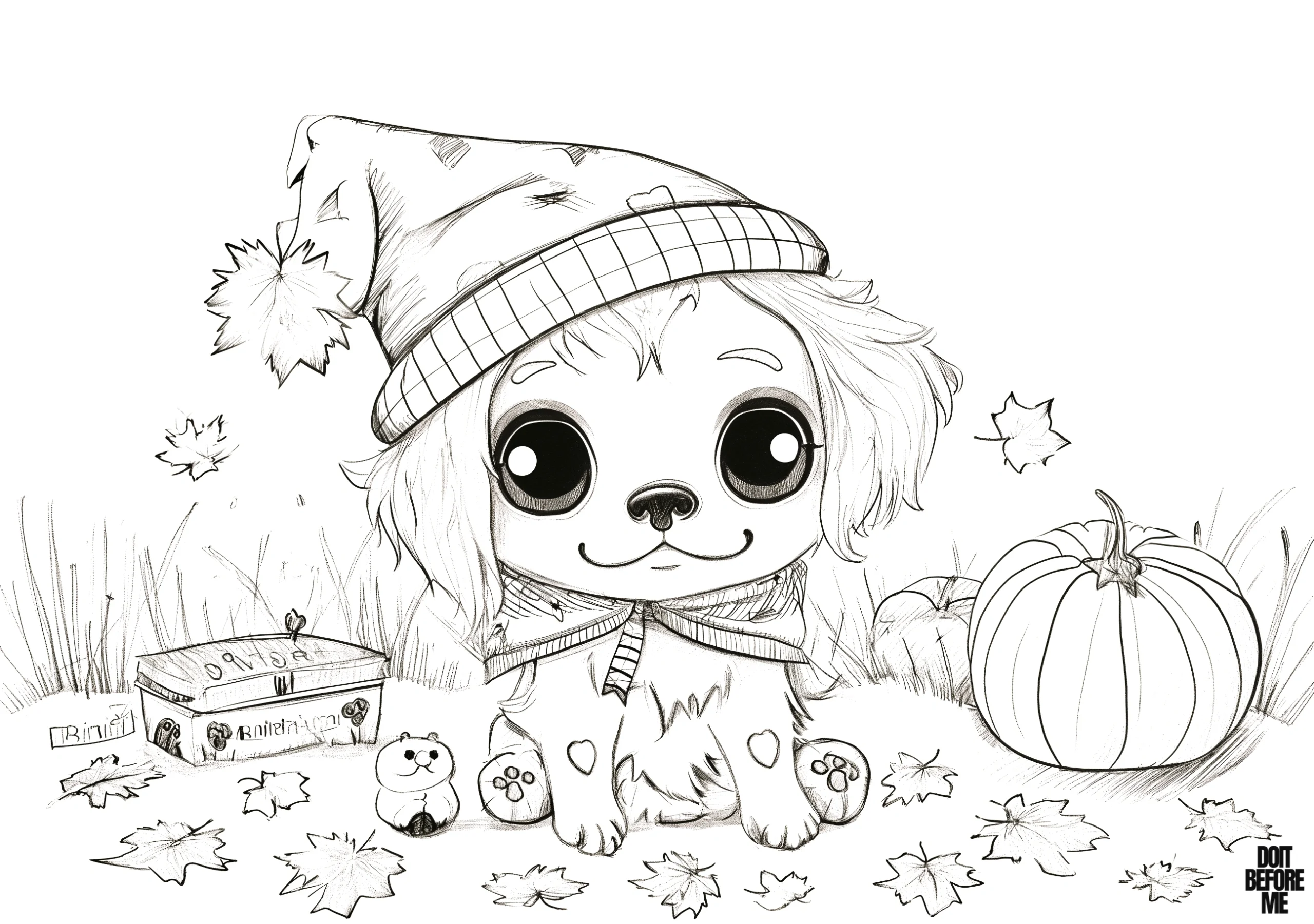 Free printable coloring page featuring a puppy wearing a cute Halloween costume surrounded by a festive atmosphere with a pumpkin and Sycamore leaves.