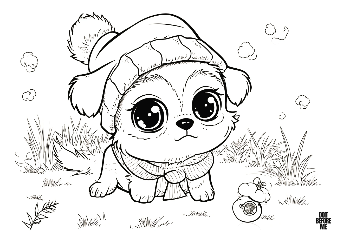 Cute baby puppy wearing casual clothes coloring page, with a plain background.